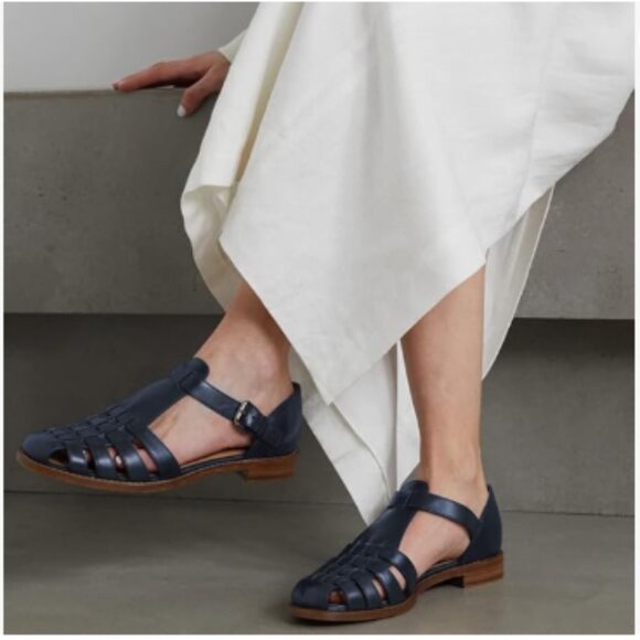 FSJ Navy Closed Toe Low Block Heel Woven Roman Ankle Strap Hollow Caged Sandals - Picture 1 of 8